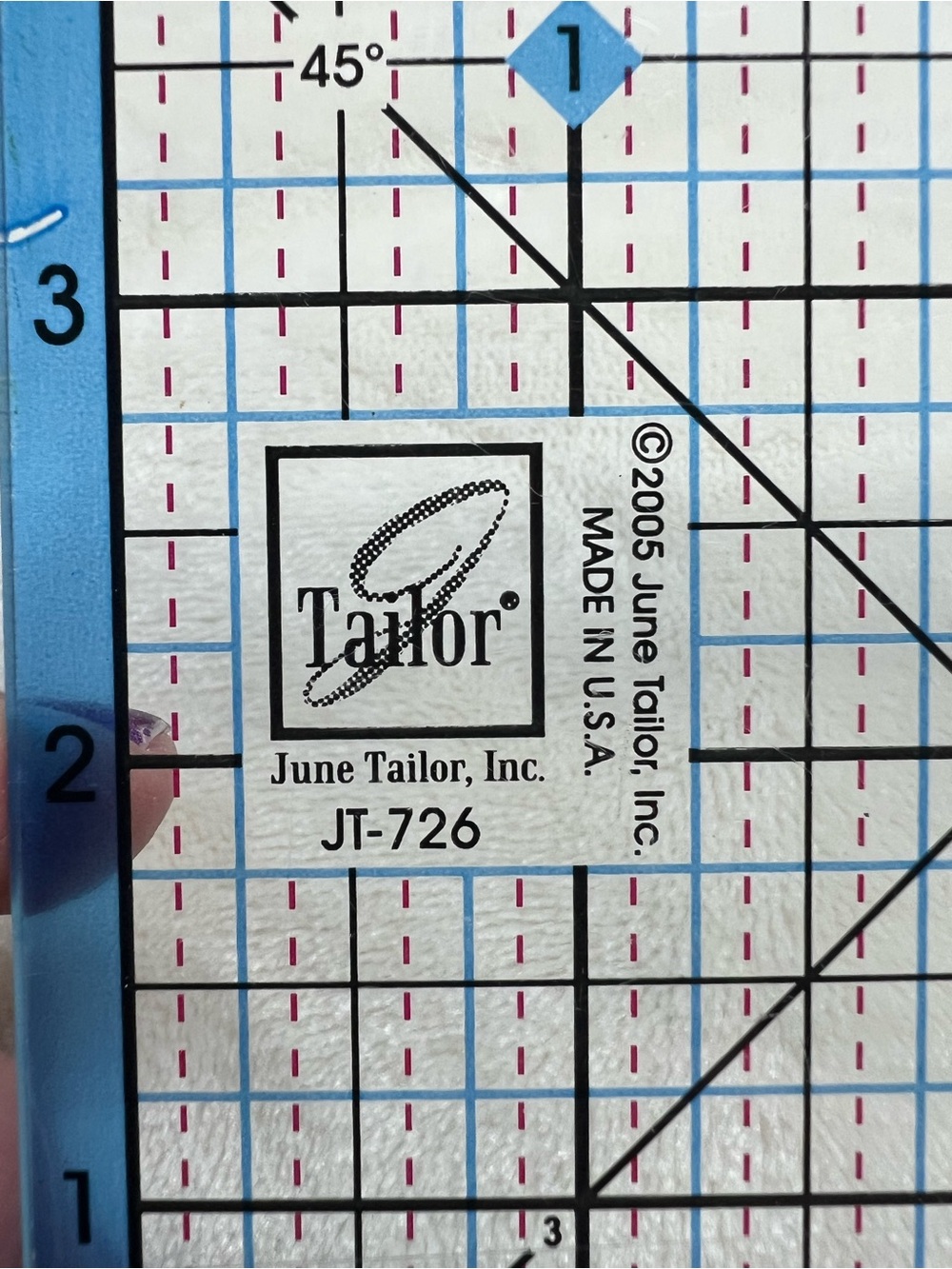 June Tailor JT-726 Clear Quilting Ruler with Blue Grid and Pink Accents